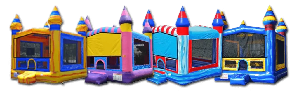 Bounce house rentals banner showing inflatable units available in Oak Park IL, ZIP codes 60301 to 60304