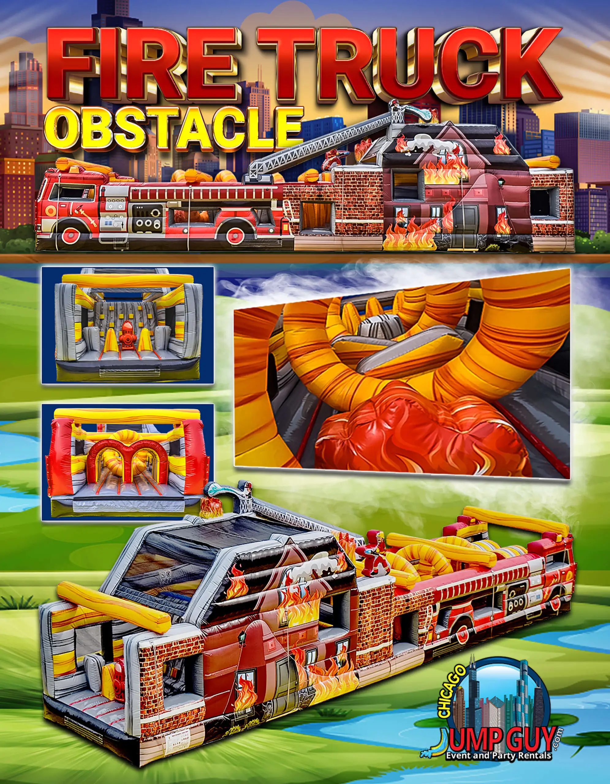 Firetruck obstacle course rental for Oak Park IL party and school events, ZIP codes 60301 to 60304