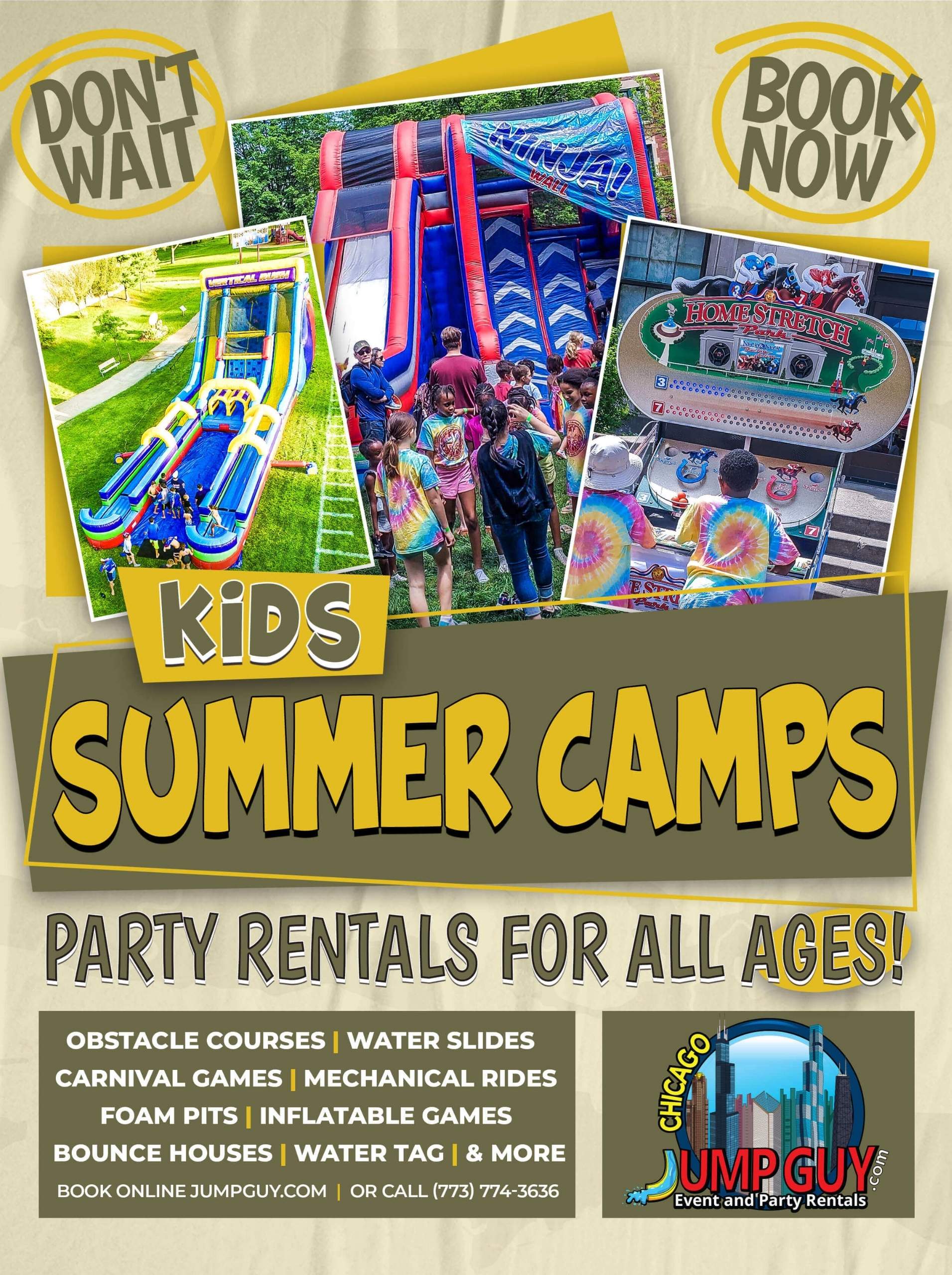 Party rentals in Oak Park IL: bounce house, tent, and water slide setup for a 60302 event