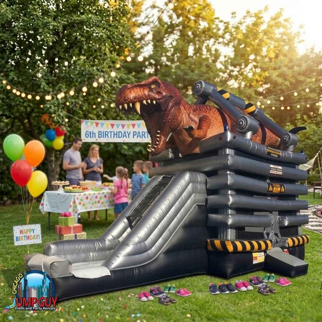 T-Rex dinosaur bounce slide combo rental for Oak Park IL events near Nazareth Park, ZIP 60302